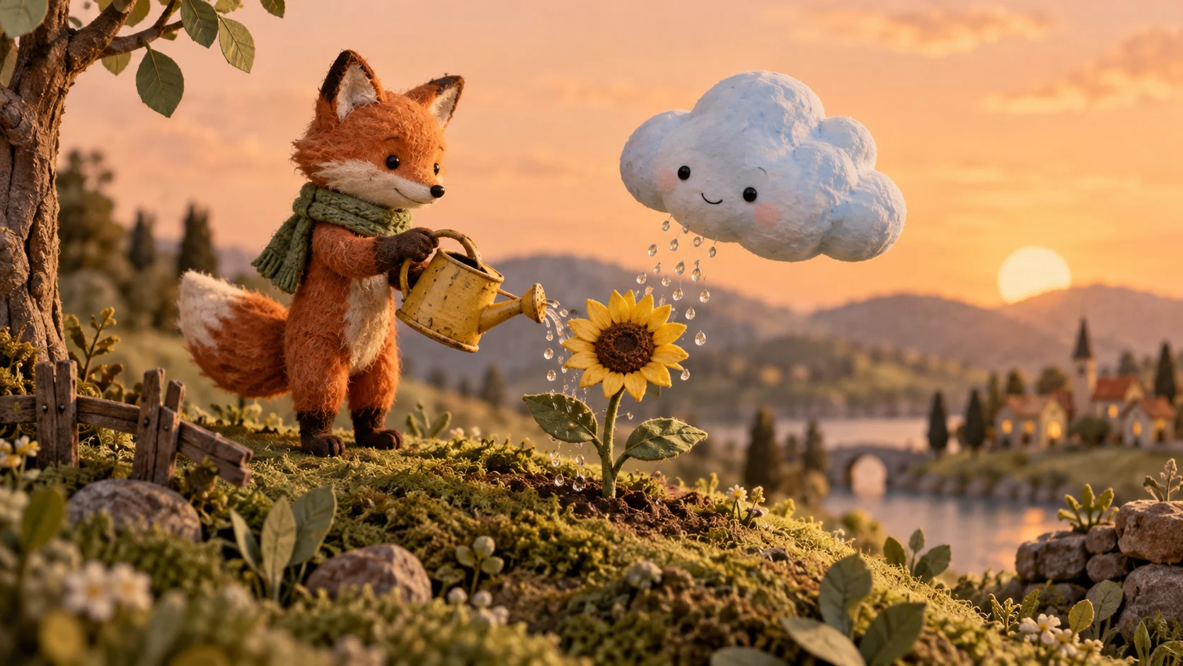 A handcrafted fox and friendly cloud tend a sunflower