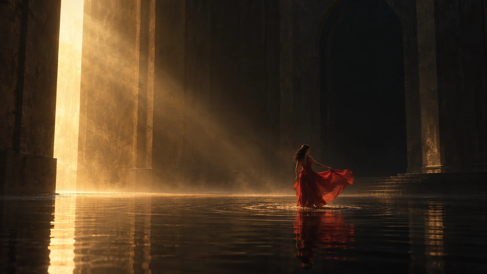 A dancer in red moves through golden light and water