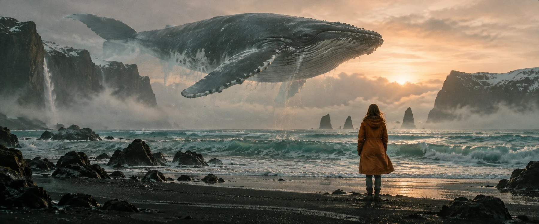 A woman in an orange raincoat watches a vast whale float over a misty sea